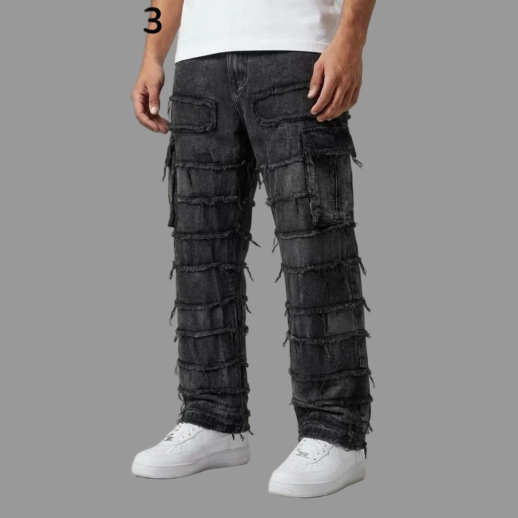 Pantaloni Uomo Jeans Baggy Sfrangiato con Tasconi Denim Nero Fondo Largo Ampio